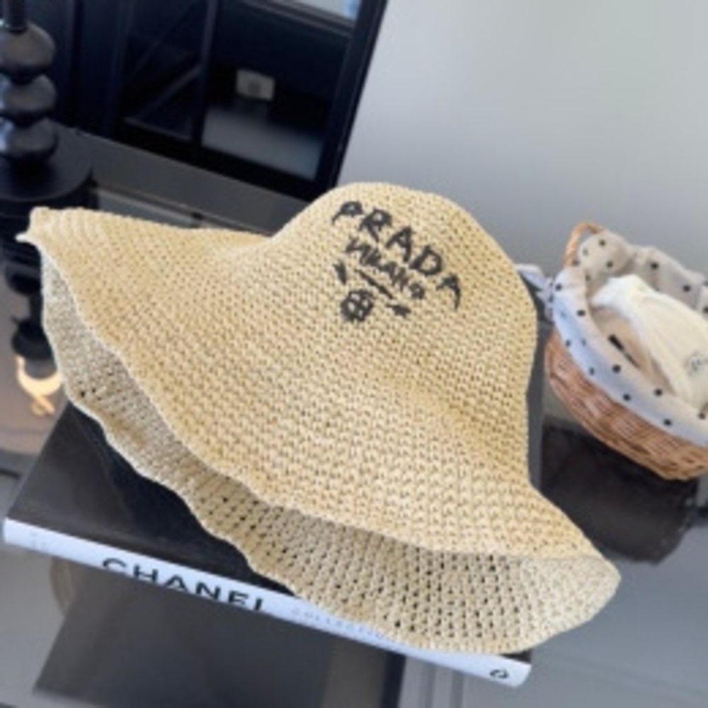 ✨Prada Logo Embroidered Crochet Straw Wide Brim Bucket Sun Hat - Picture 2 of 5
